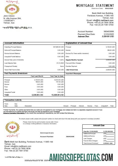 Extrato de hipoteca do Iran Melli Bank em formatos Word e PDF modelo